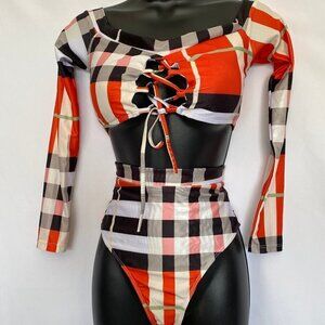 2 Piece Crop Top Plaid Graphic Design Bathing Suit
